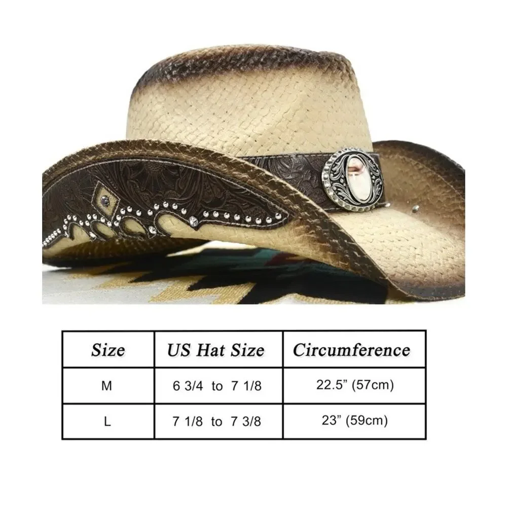 Cowboy Hats for Women and Men Straw Western Hat Embroidered Medium-Large Tan